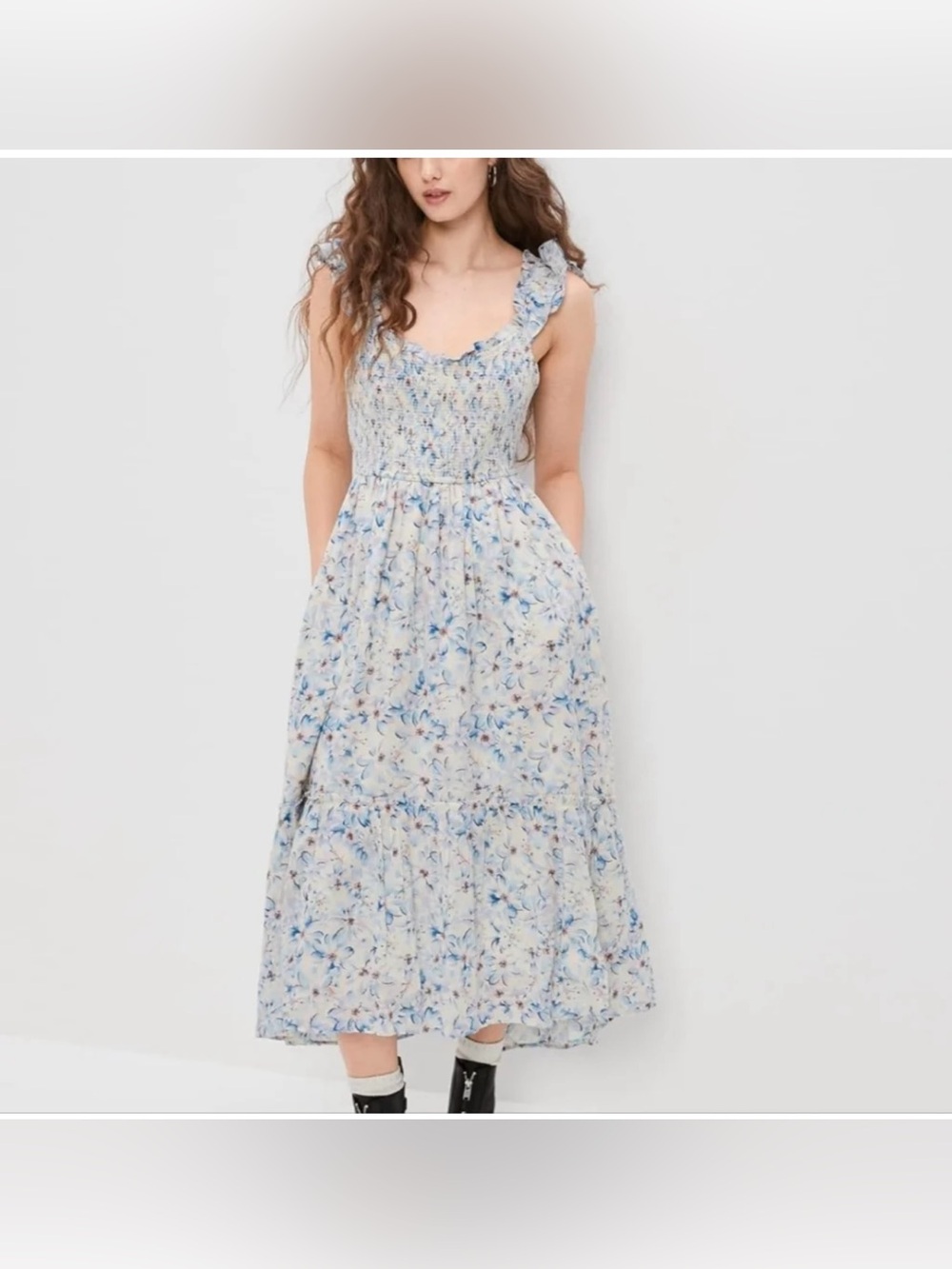 Ameeican Eagle Blue Floral Flutter Sleeve Smocked Midi Dress Cotton Size:M